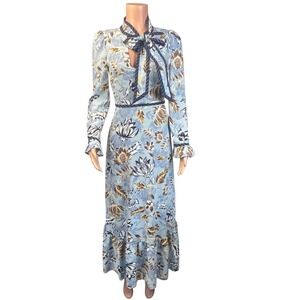 BCBGMAXAZRIA Blue Floral Maxi Dress Sz 2 Pussybow Neck Romantic Coquette Vintage